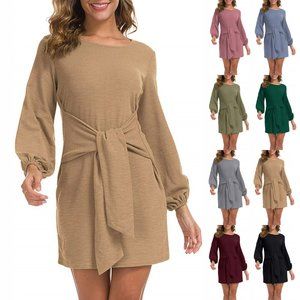 Lionstill Women's Elegant Long Sleeve Dress Casual Tie Waist Sweater Dresses